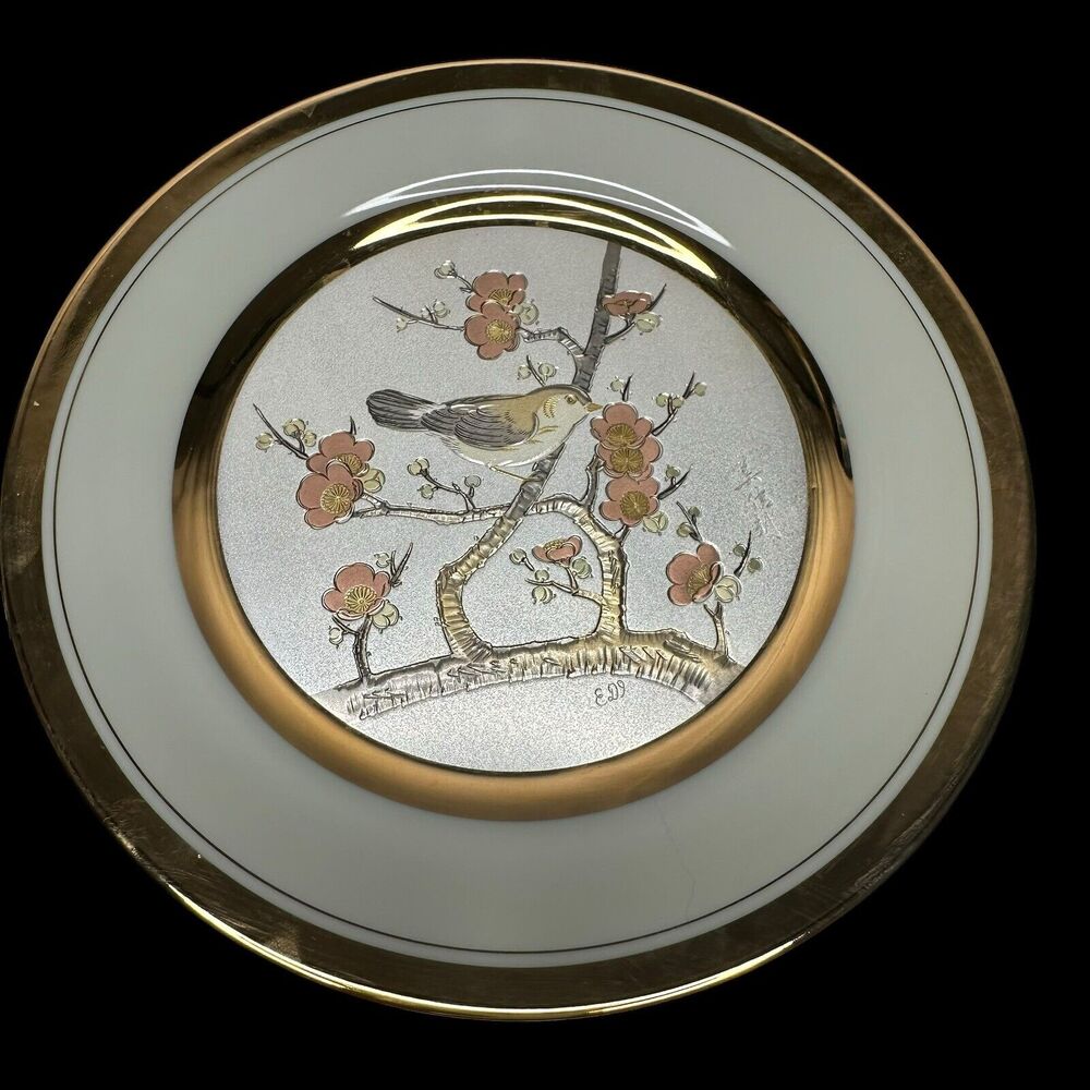 Vintage Art Of Chokin Plate 24k Rims “Early Spring Plum & Nightingale” Bird 10"